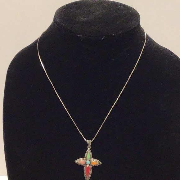 Sterling Silver Marcasite & Multi Stone Cross Pendant Necklace - Picture 3 of 3
